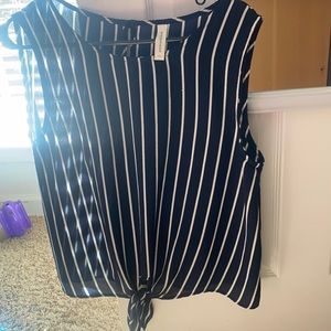 Blue Striped Sleeveless Tied Blouse